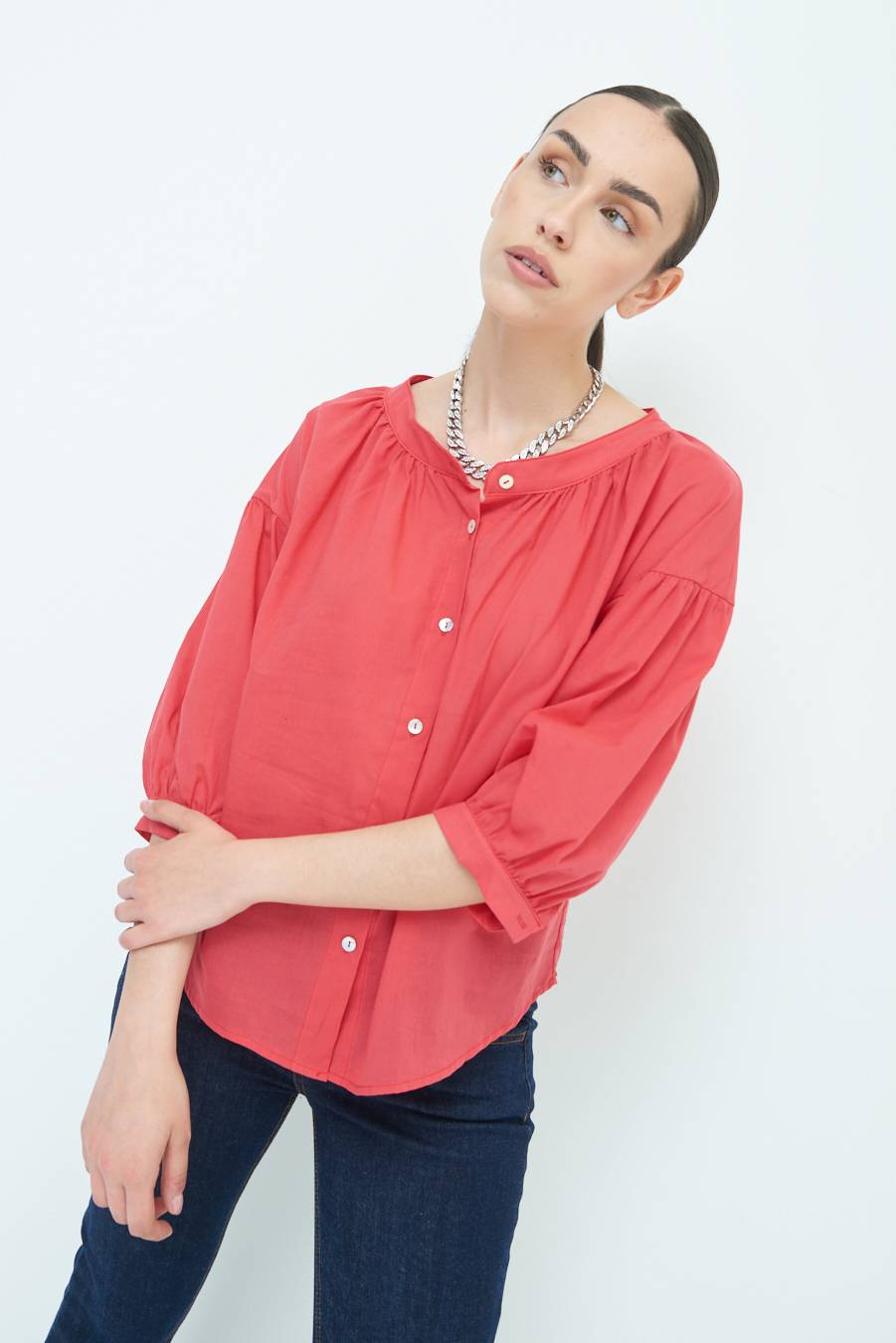 Kikisix CAMICIA SCOLLO INCRESPATO COTONE ROSSO