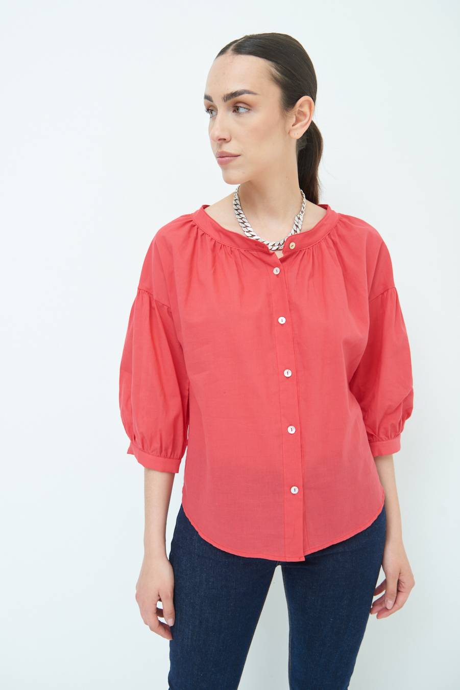 Kikisix CAMICIA SCOLLO INCRESPATO COTONE ROSSO