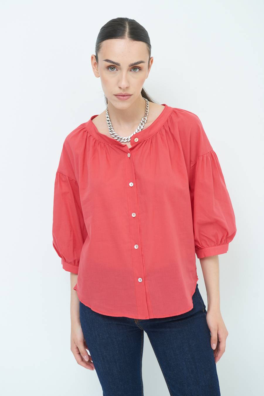 Kikisix CAMICIA SCOLLO INCRESPATO COTONE ROSSO