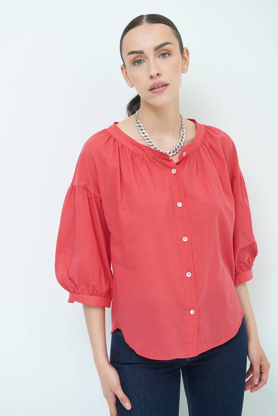 Kikisix CAMICIA SCOLLO INCRESPATO COTONE ROSSO