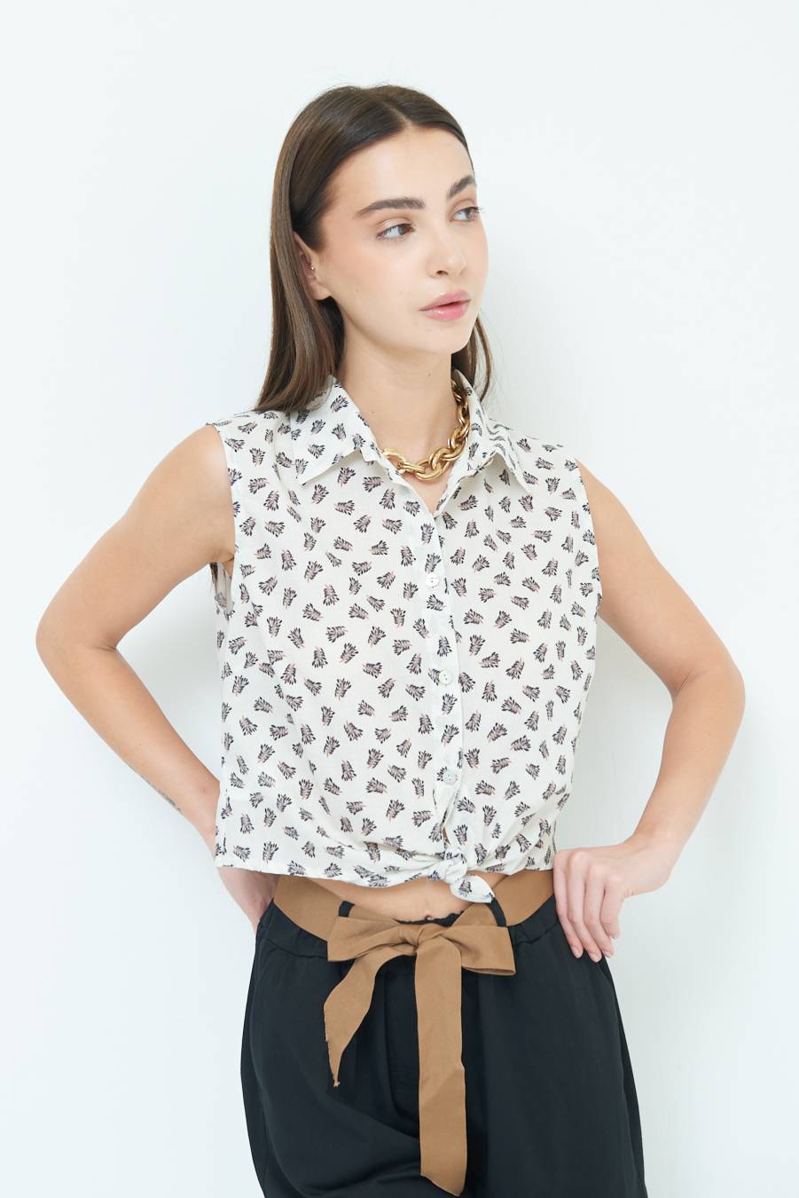 Kikisix CAMICIA SMANICATA CON NODO STAMPA NERO