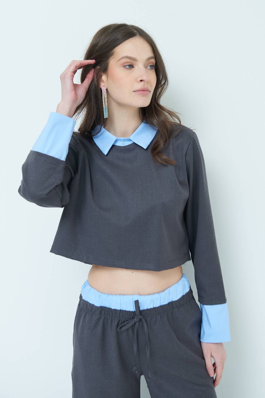 Kikisix CASACCA FINTA CAMICIA CELESTE/GRIGIO