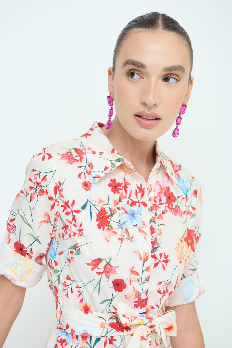 Kikisix CHEMISIER CORTO STAMPA FIORE BURRO