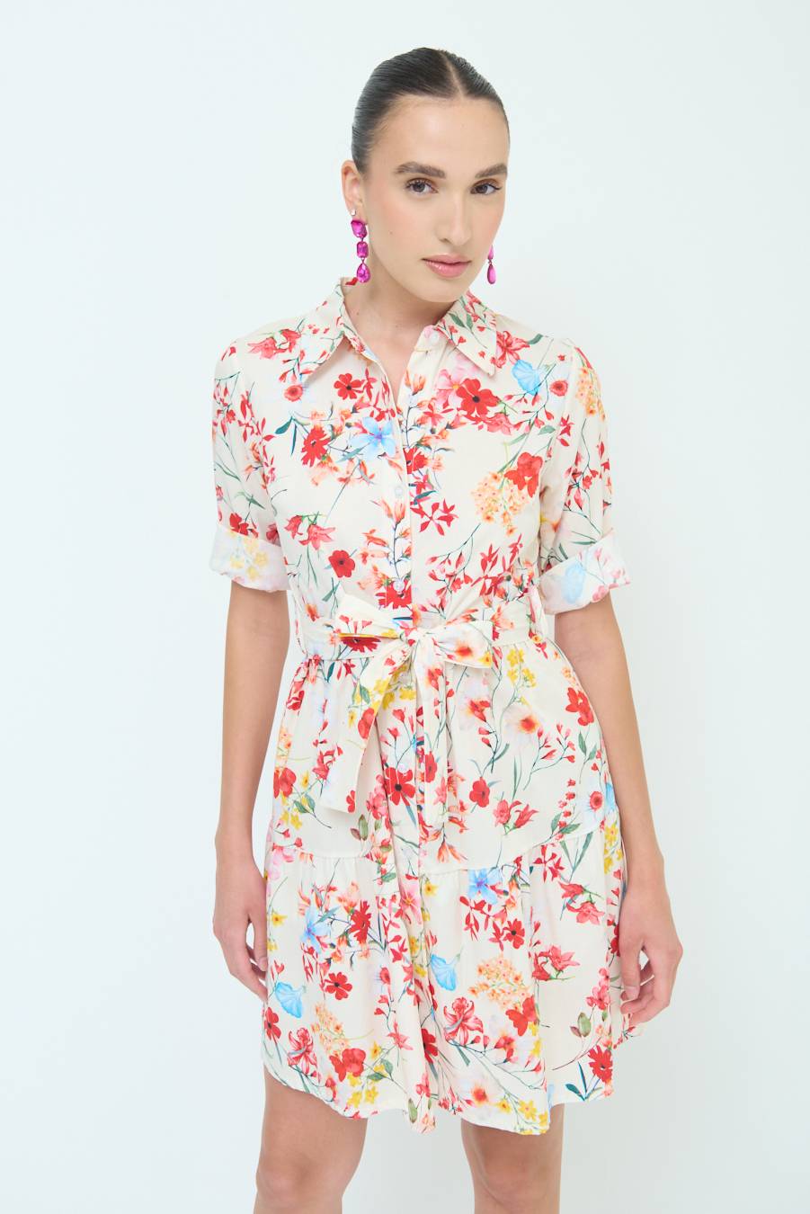 Kikisix CHEMISIER CORTO STAMPA FIORE BURRO