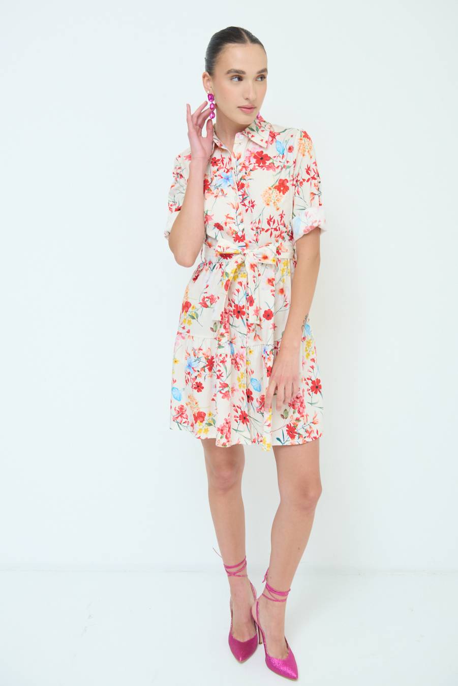 Kikisix CHEMISIER CORTO STAMPA FIORE BURRO