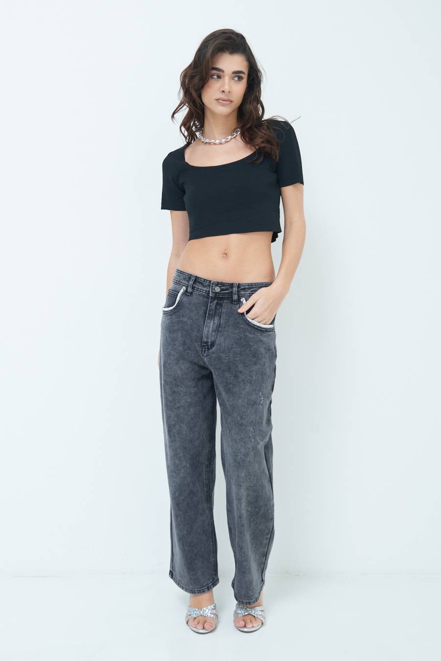 Kikisix JEANS NERO ACCESSORIO TASCA JEANS