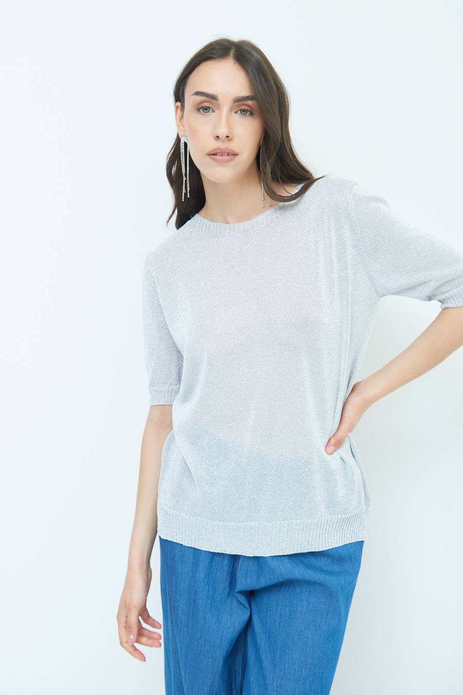 Kikisix MAGLIA LUREX PARICOLLO ARGENTO