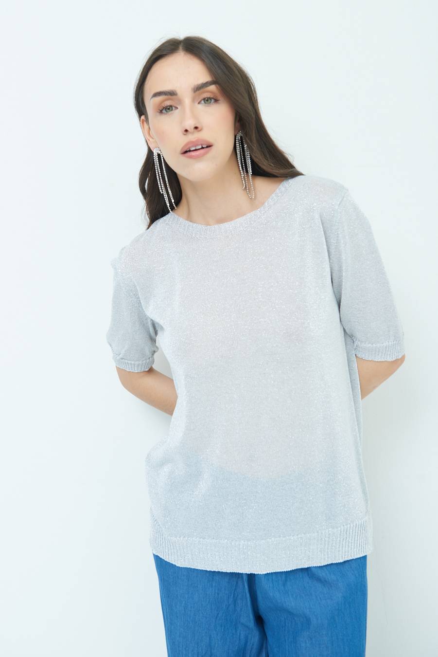 Kikisix MAGLIA LUREX PARICOLLO ARGENTO