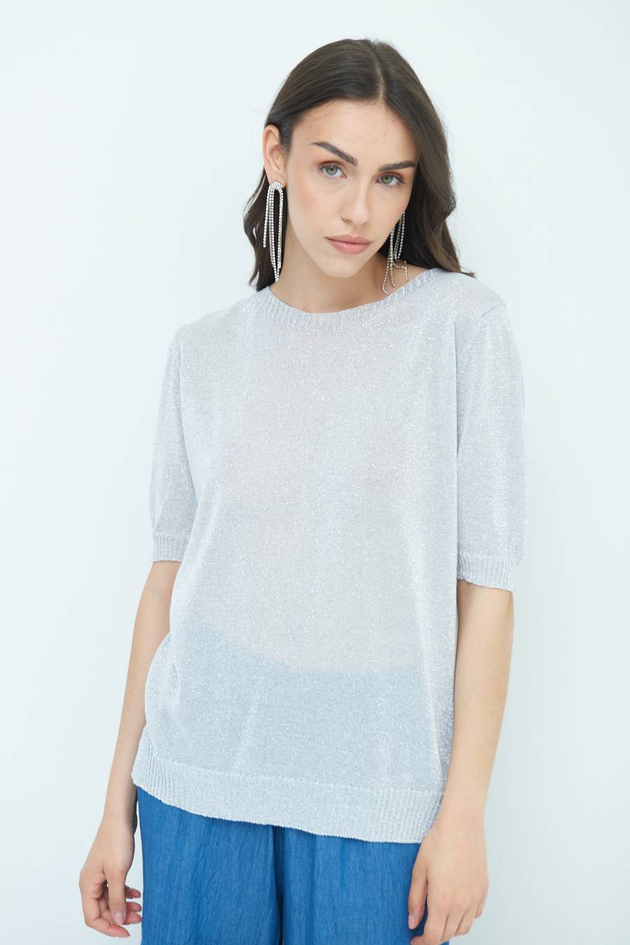 Kikisix MAGLIA LUREX PARICOLLO ARGENTO