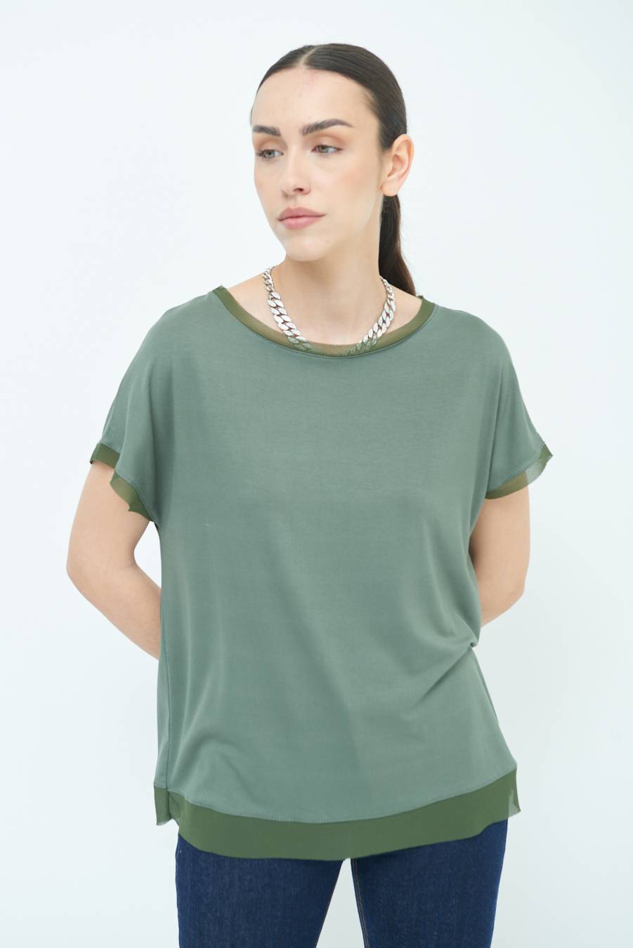 Kikisix MAGLIA PROFILO GEORGETTE VERDE MILITARE
