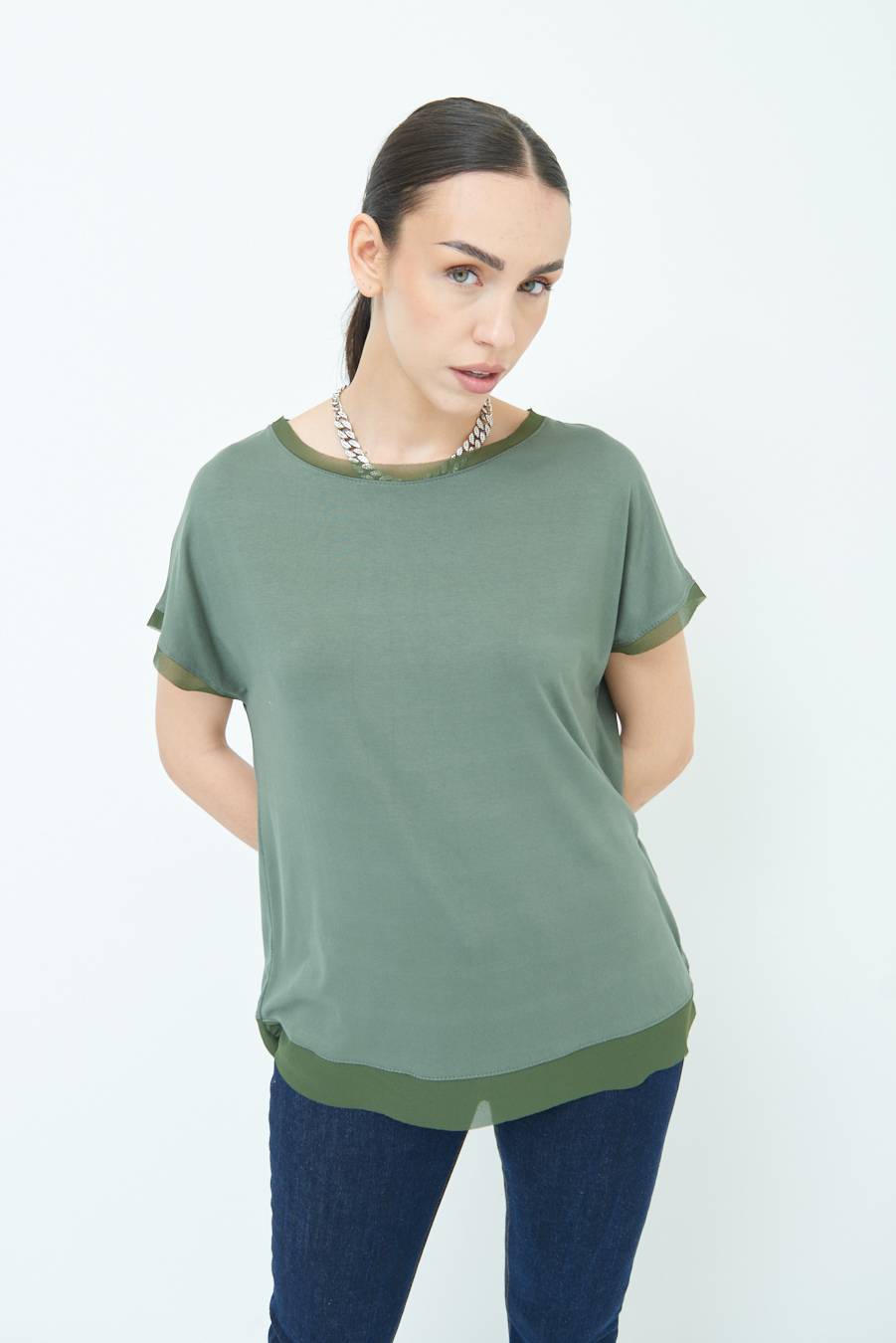Kikisix MAGLIA PROFILO GEORGETTE VERDE MILITARE