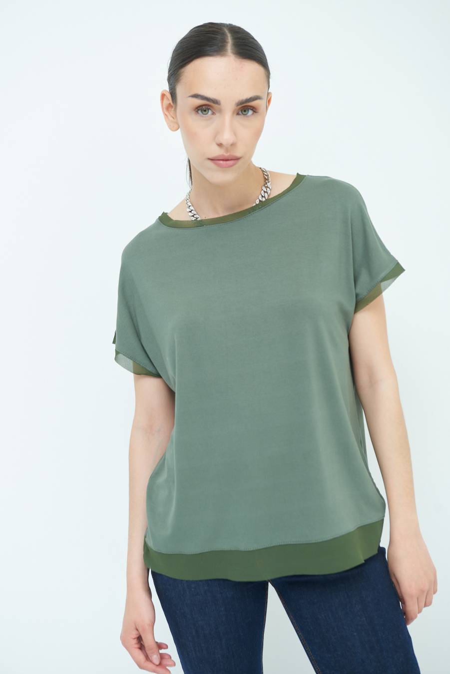 Kikisix MAGLIA PROFILO GEORGETTE VERDE MILITARE