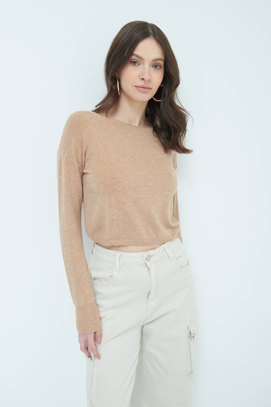 Kikisix MAGLIA SCATOLINA SCOLLO A BARCA CAMMELLO