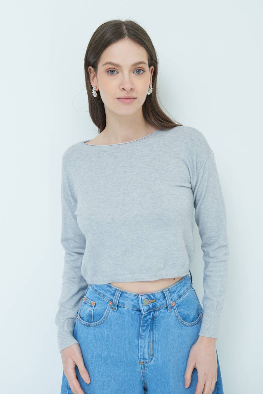 Kikisix MAGLIA SCATOLINA SCOLLO A BARCA GRIGIO