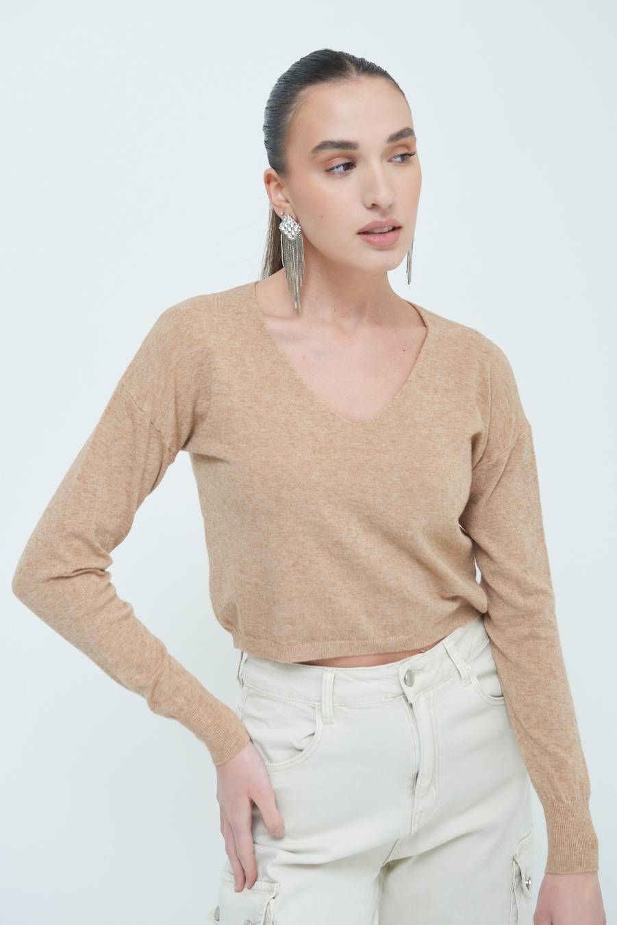 Kikisix MAGLIA SCOLLO V CORTA CAMMELLO