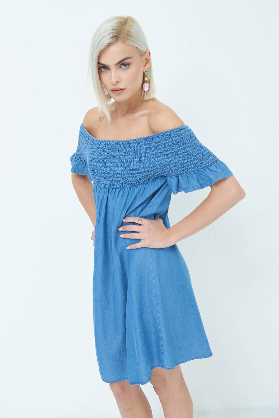 Kikisix MINI ABITO PUNTO SMOCK JEANS