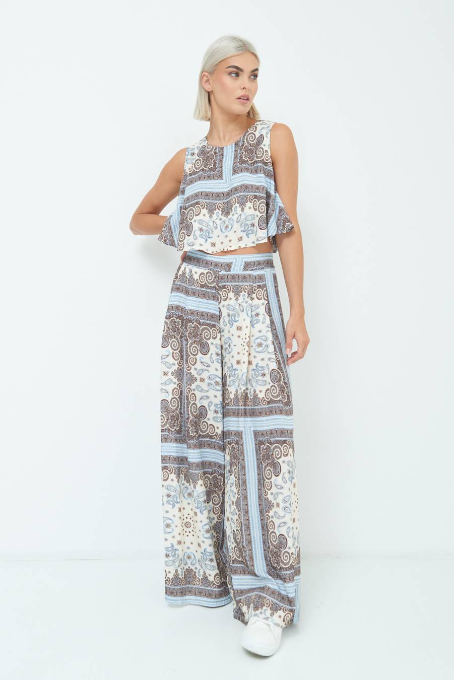 Kikisix PANTA PALAZZO CON PINCE STAMPA BIANCO