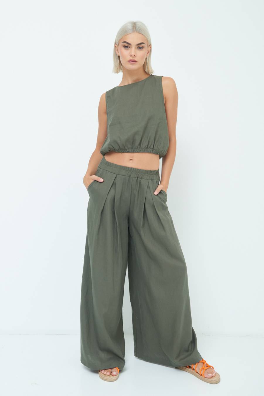 Kikisix PANTA PALAZZO CON PINCE VERDE MILITARE