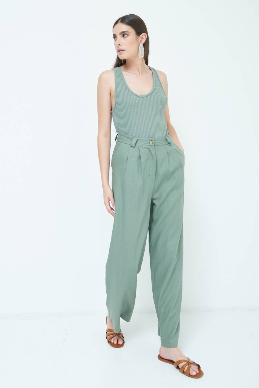 Kikisix PANTA PALAZZO CON PINCE VERDE MILITARE