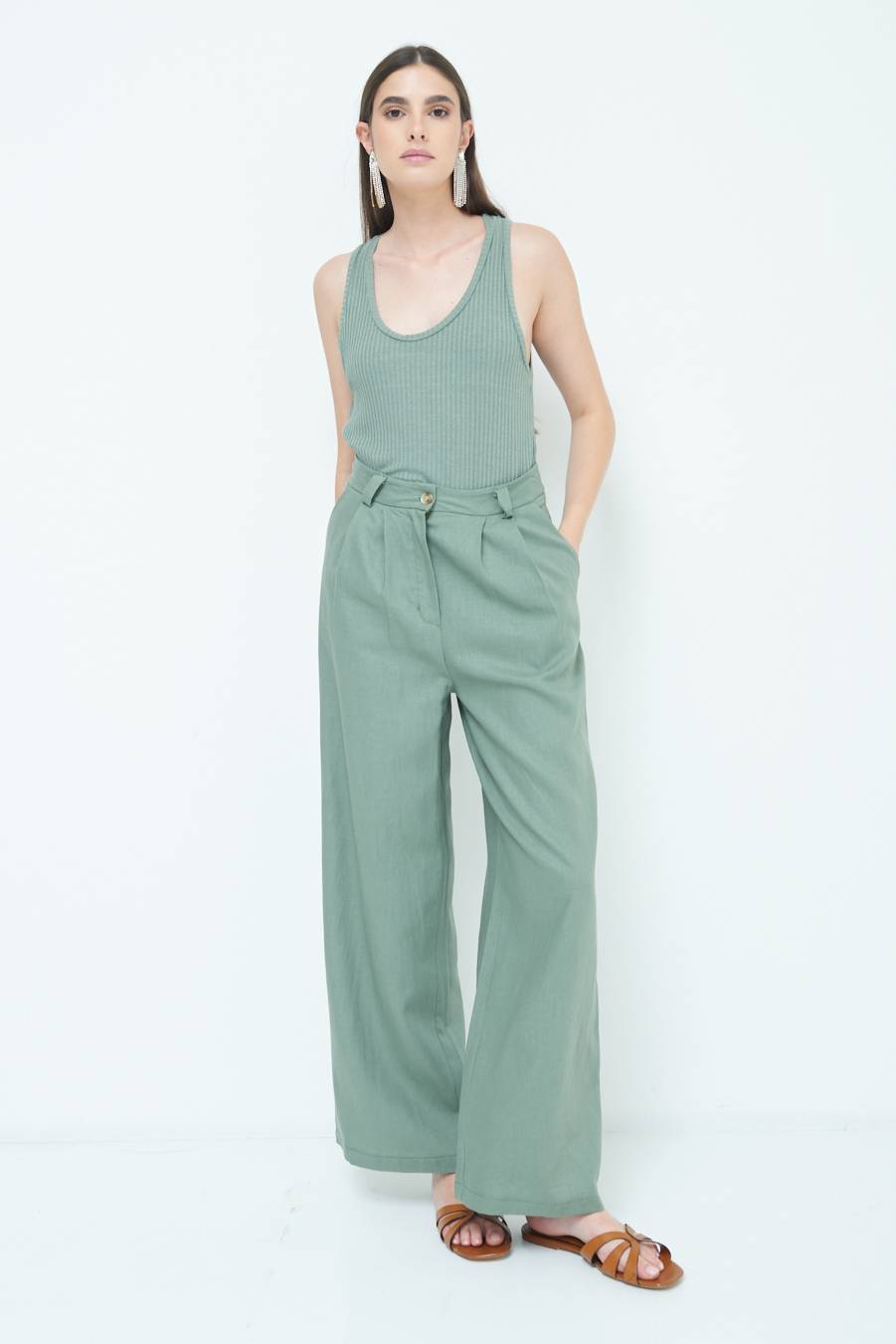 Kikisix PANTA PALAZZO CON PINCE VERDE MILITARE