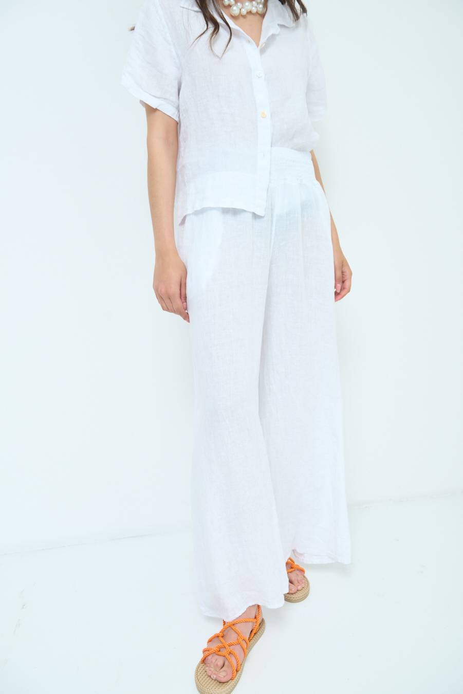 Kikisix PANTA PALAZZO LINO CON ELASTICI BIANCO