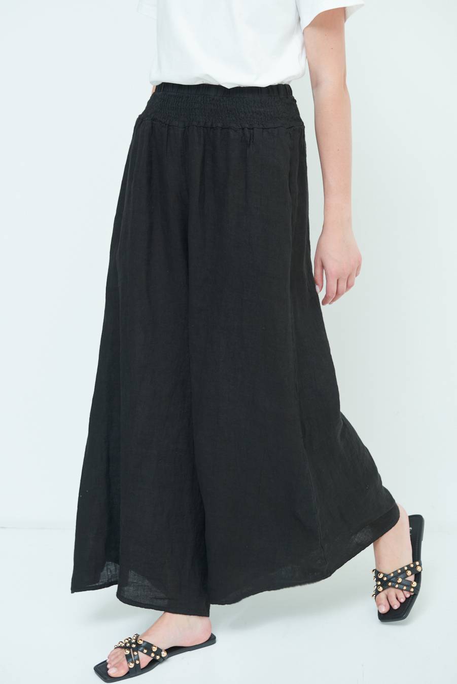 Kikisix PANTA PALAZZO LINO CON ELASTICI NERO