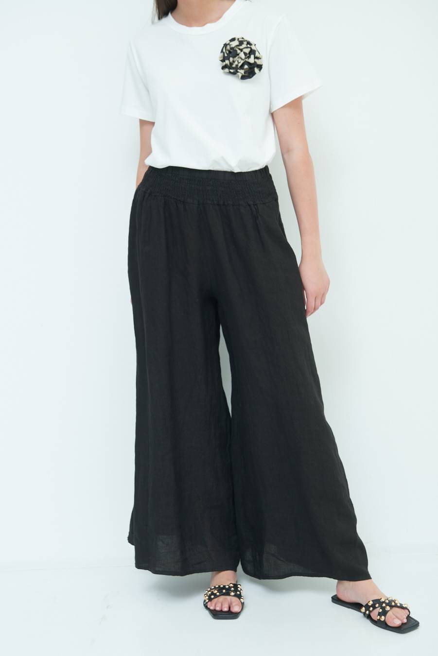 Kikisix PANTA PALAZZO LINO CON ELASTICI NERO