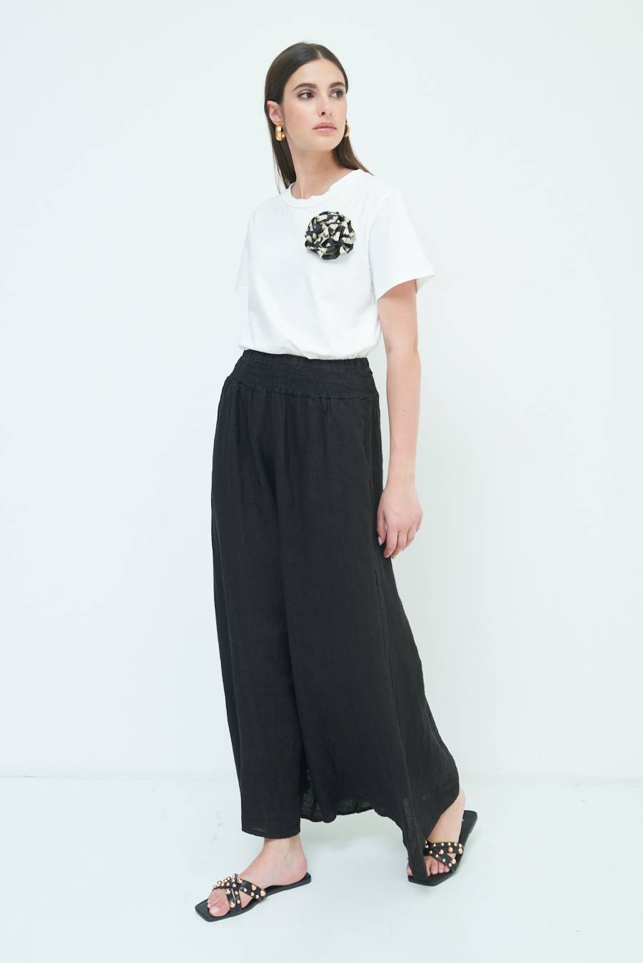 Kikisix PANTA PALAZZO LINO CON ELASTICI NERO