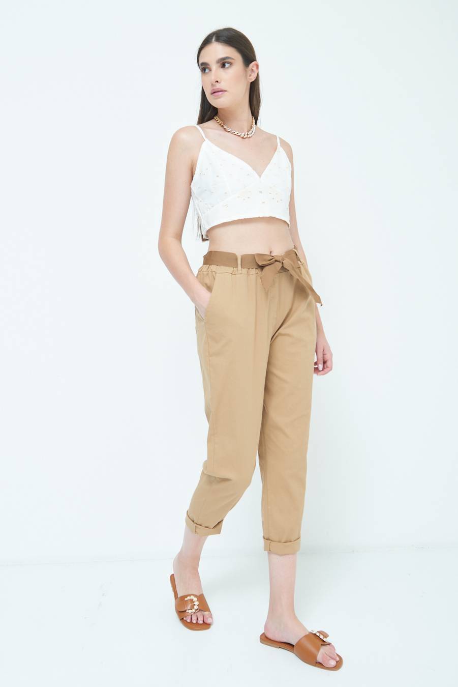 Kikisix PANTALONE DRITTO CON RISVOLTO CAMMELLO