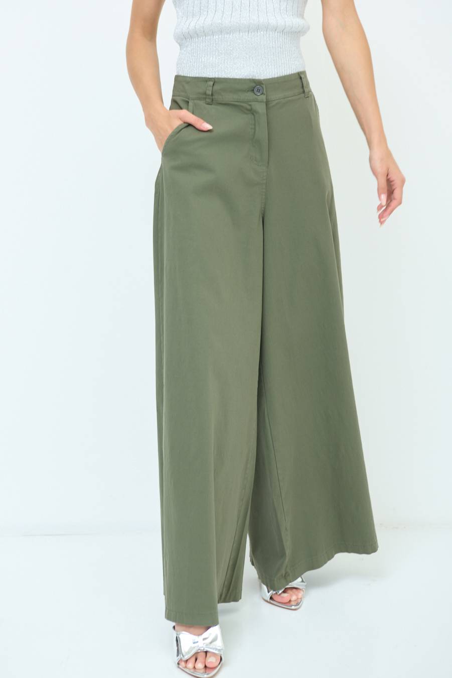 Kikisix PANTALONE PALAZZO COTONE VERDE MILITARE