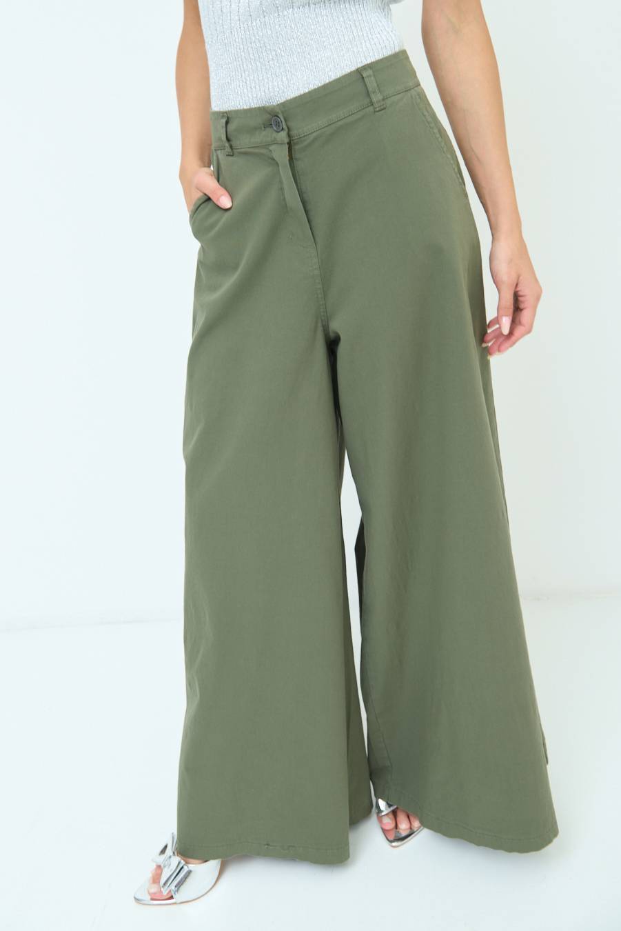 Kikisix PANTALONE PALAZZO COTONE VERDE MILITARE