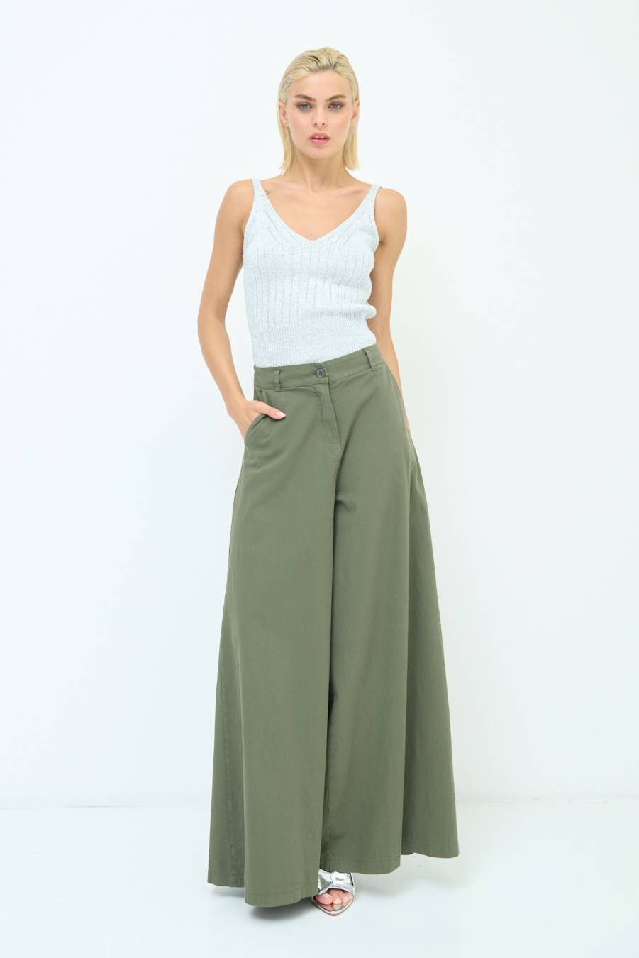 Kikisix PANTALONE PALAZZO COTONE VERDE MILITARE