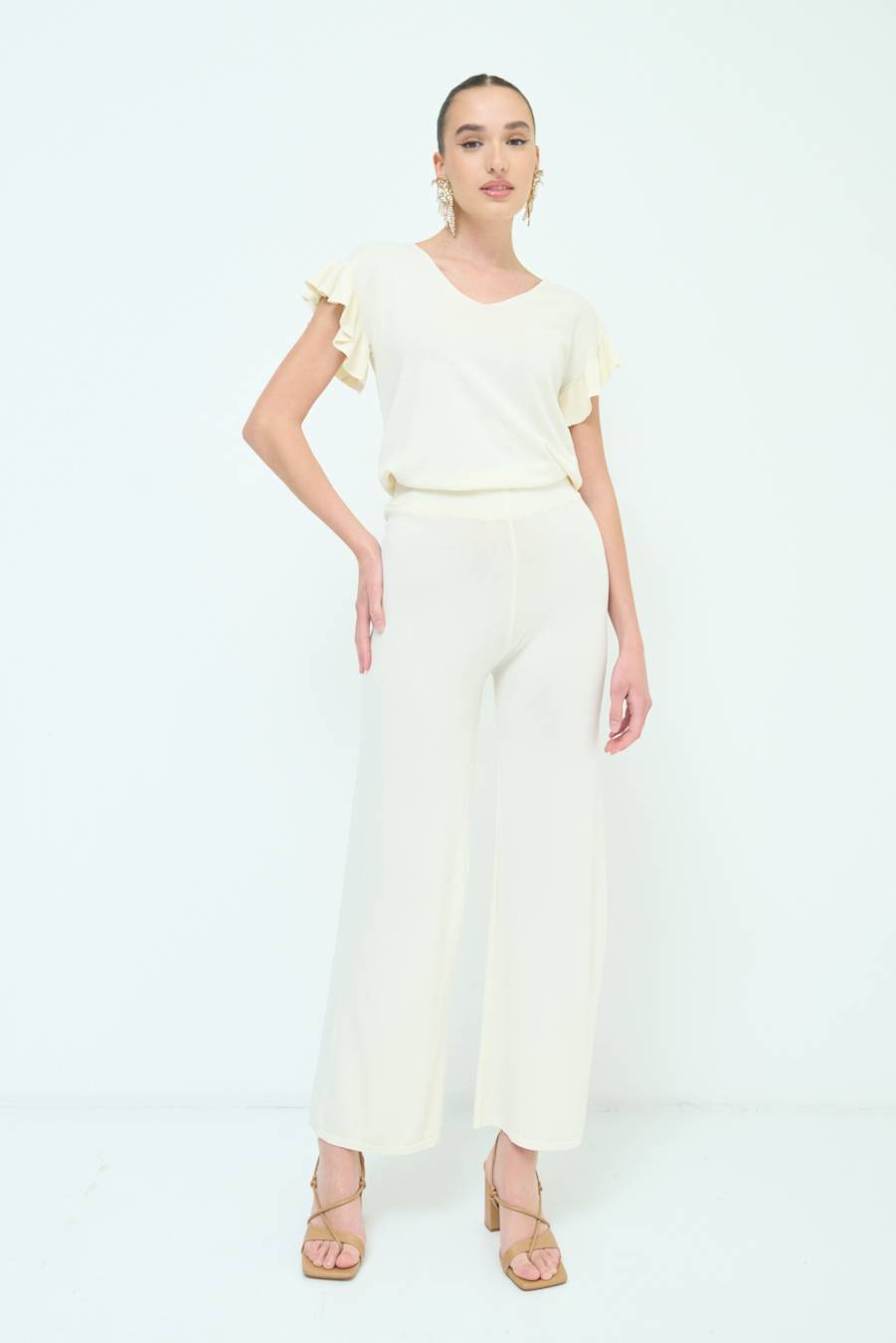 Kikisix PANTALONE PALAZZO MAGLIERIA BURRO