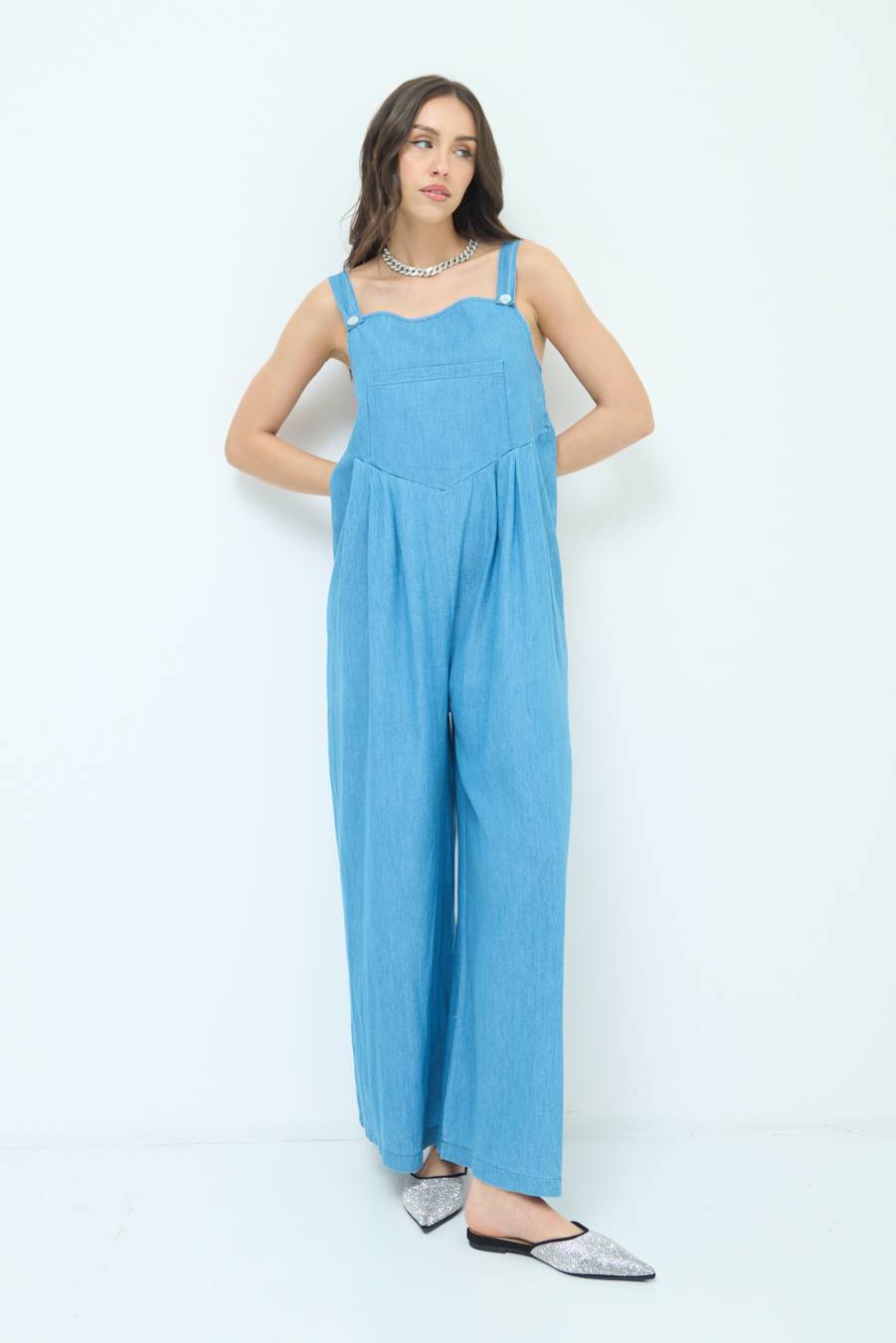 Kikisix SALOPETTE TASCA DAVANTI CHAMBRAY BLU MEDIO