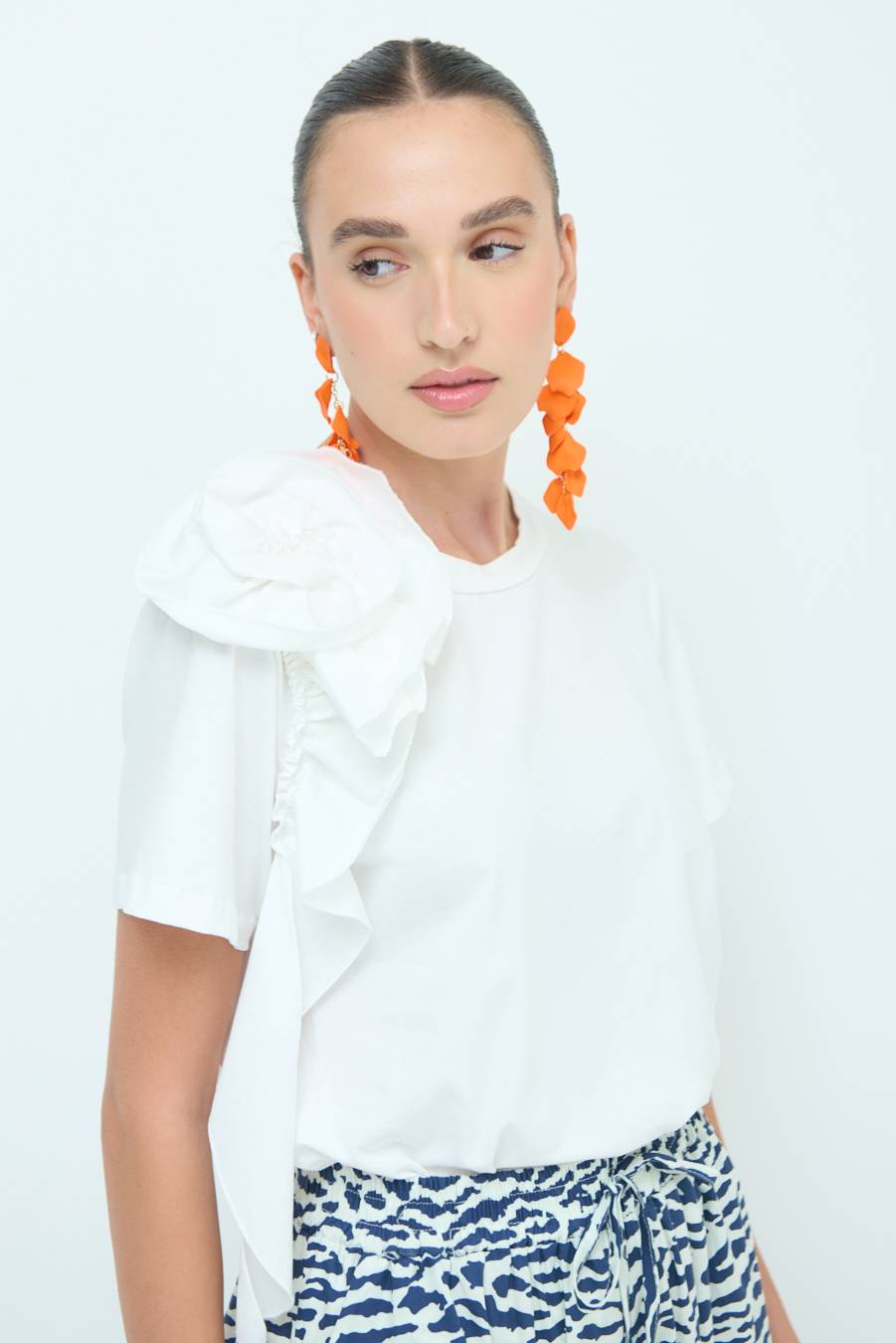 Kikisix T-SHIRT FIORE POPELINE BIANCO