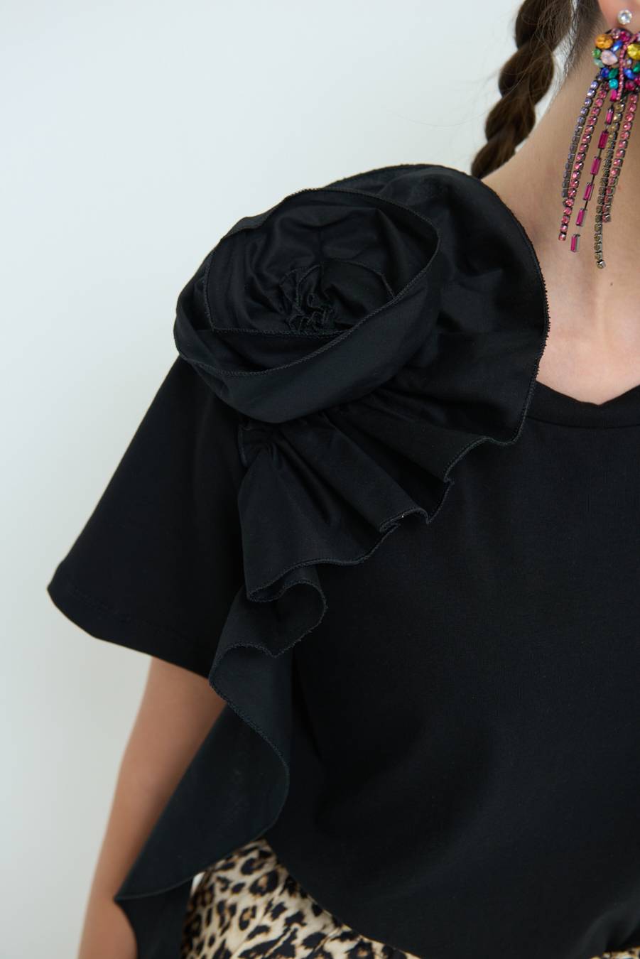 Kikisix T-SHIRT FIORE POPELINE NERO