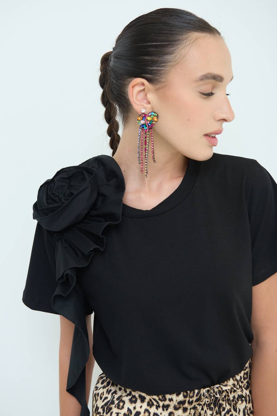 Kikisix T-SHIRT FIORE POPELINE NERO