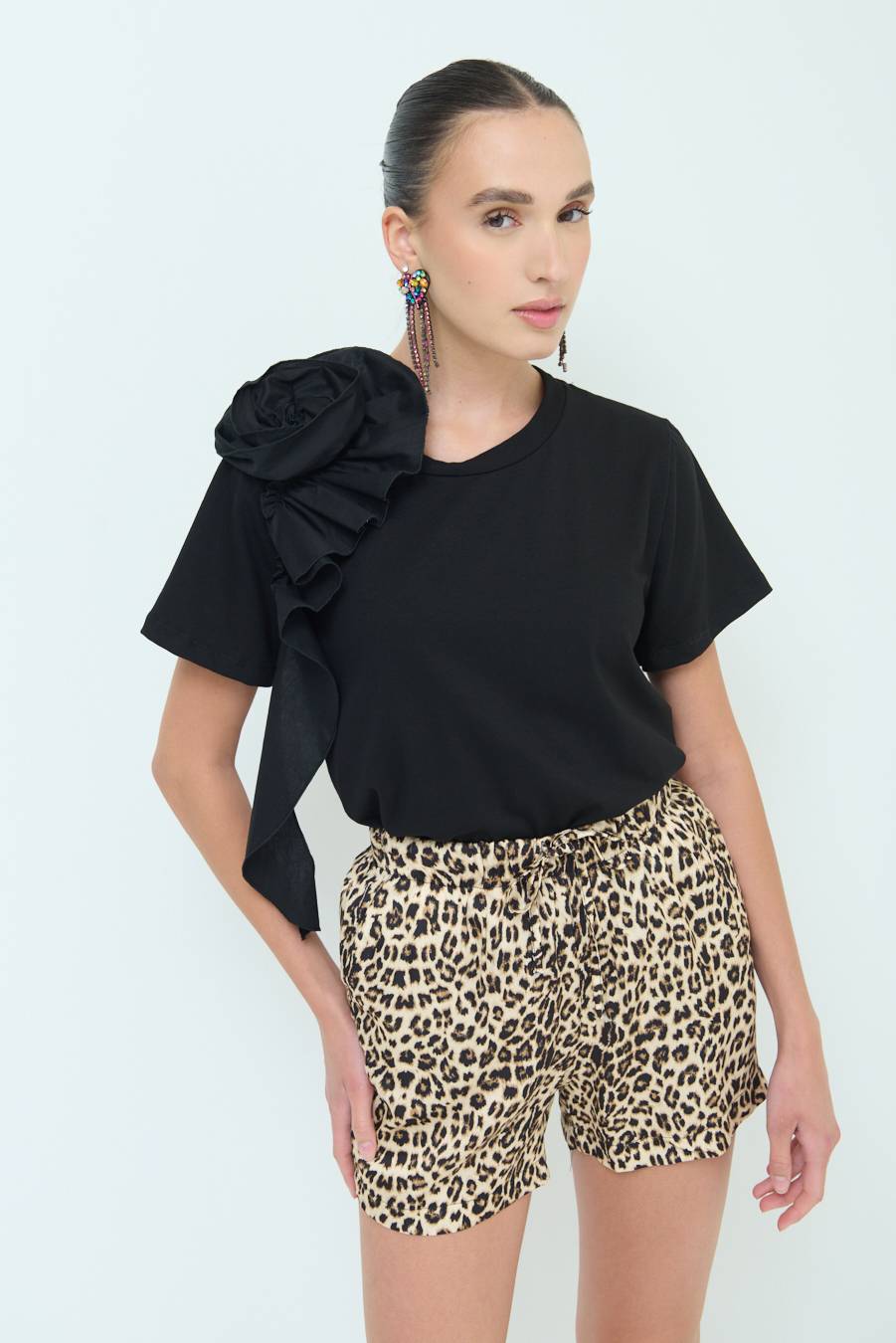 Kikisix T-SHIRT FIORE POPELINE NERO