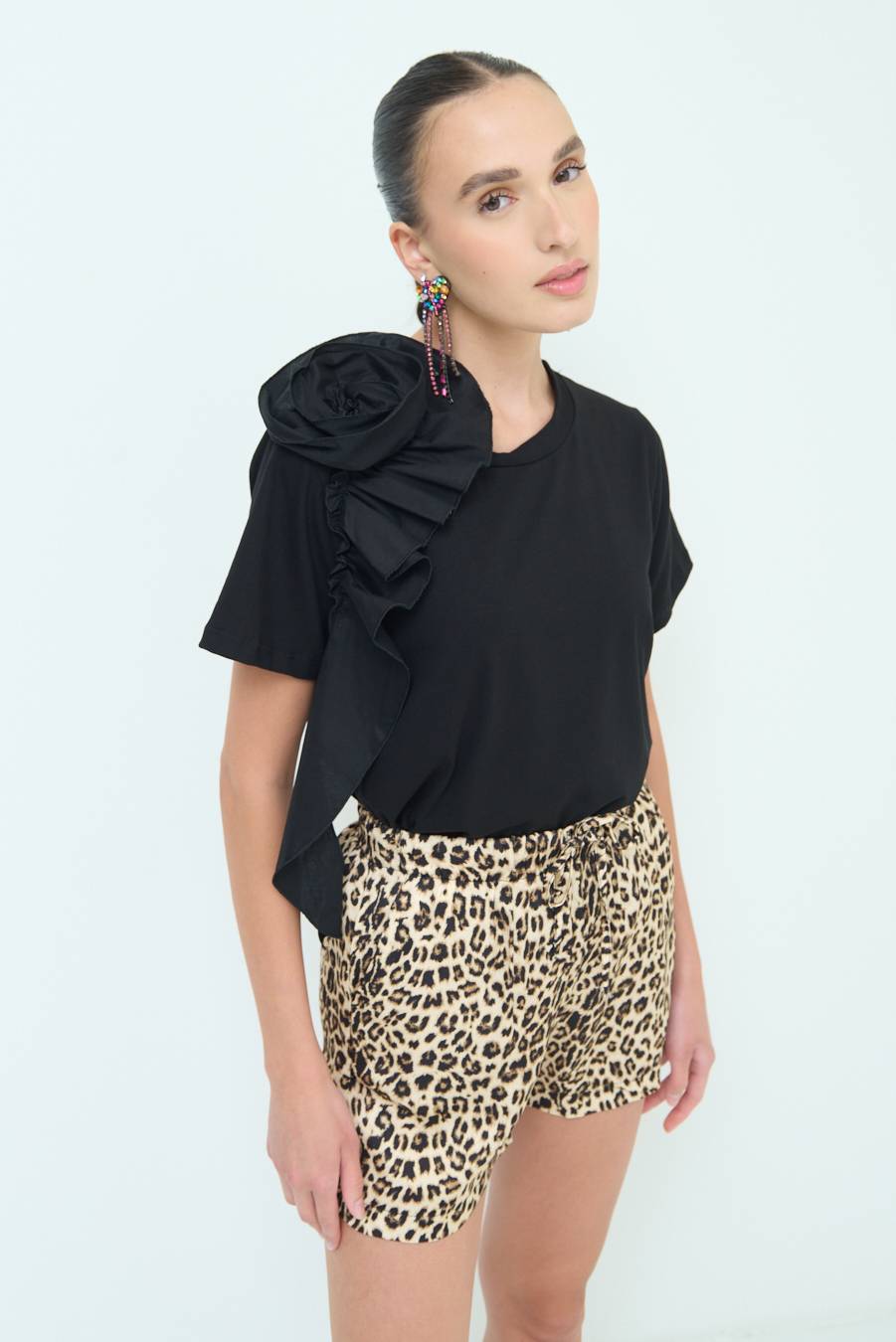 Kikisix T-SHIRT FIORE POPELINE NERO