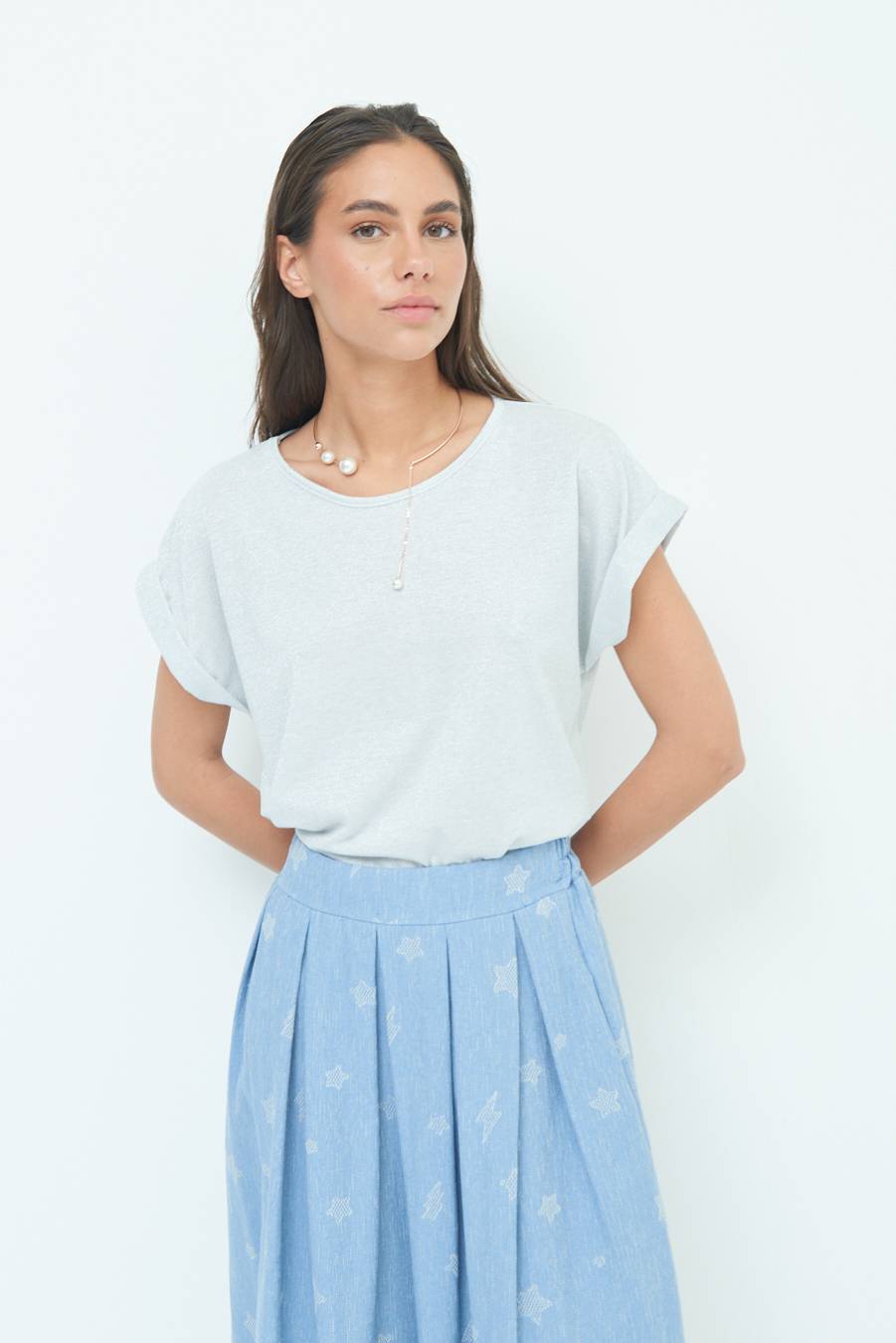 Kikisix T-SHIRT OVER CON RISVOLTO LUREX ARGENTO