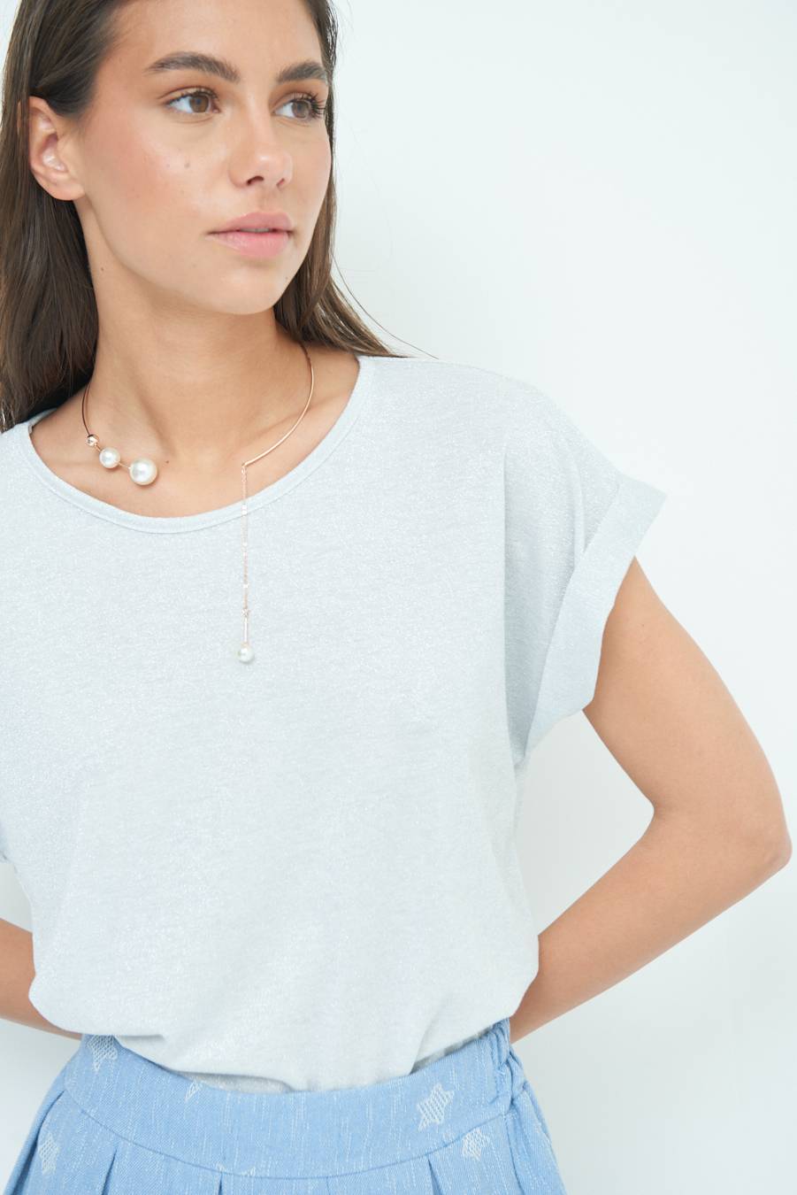 Kikisix T-SHIRT OVER CON RISVOLTO LUREX ARGENTO