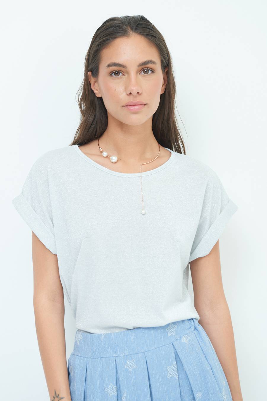 Kikisix T-SHIRT OVER CON RISVOLTO LUREX ARGENTO