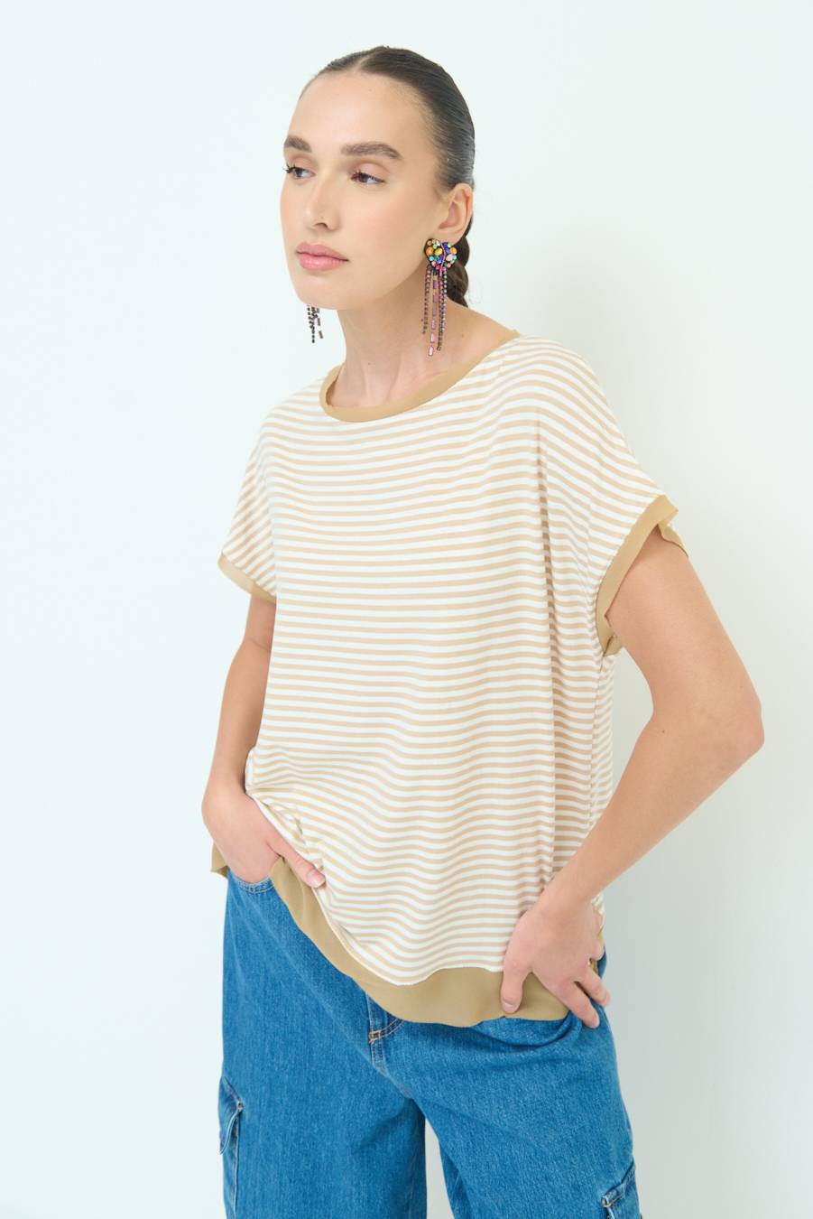 Kikisix T-SHIRT OVER VISCOSA RIGHE BEIGE