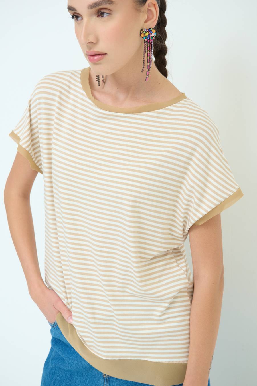 Kikisix T-SHIRT OVER VISCOSA RIGHE BEIGE
