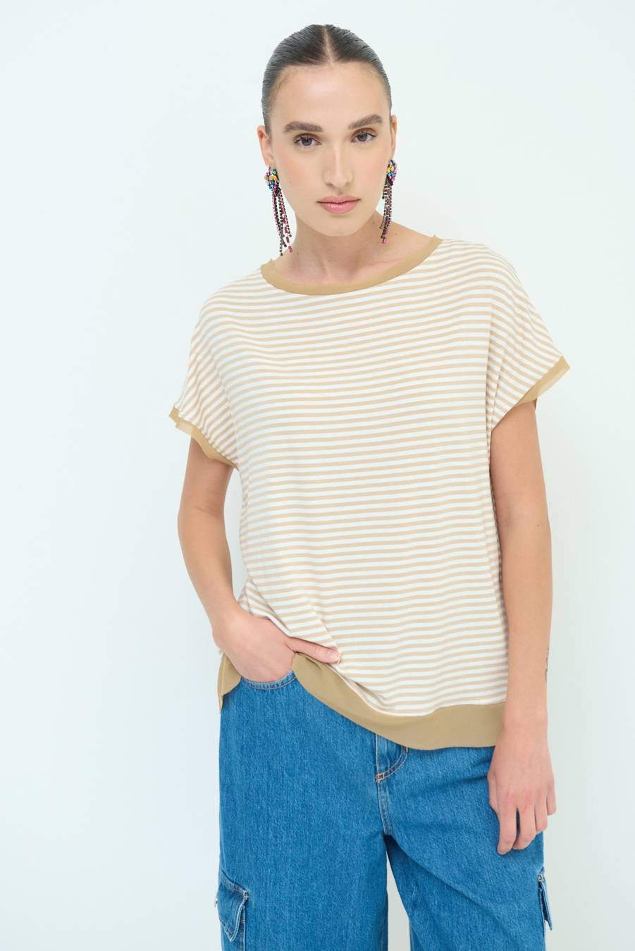 Kikisix T-SHIRT OVER VISCOSA RIGHE BEIGE