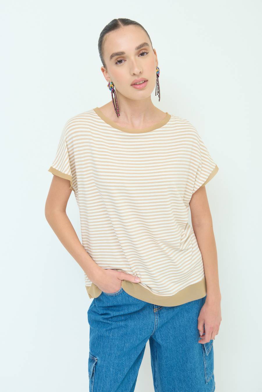 Kikisix T-SHIRT OVER VISCOSA RIGHE BEIGE