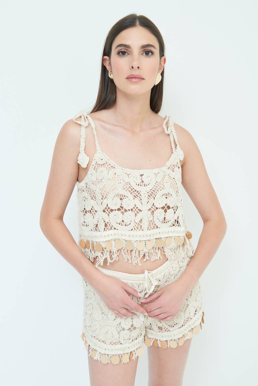 Kikisix TOP CROP CON MACRO PAILLETTES FONDO BEIGE