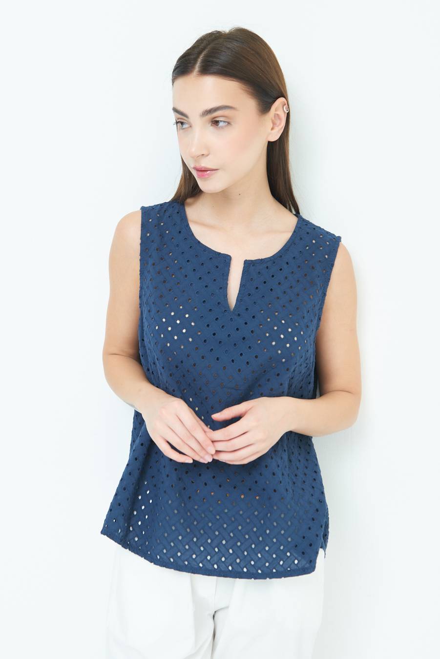 Kikisix TOP SMANICATO SANGALLO BLU