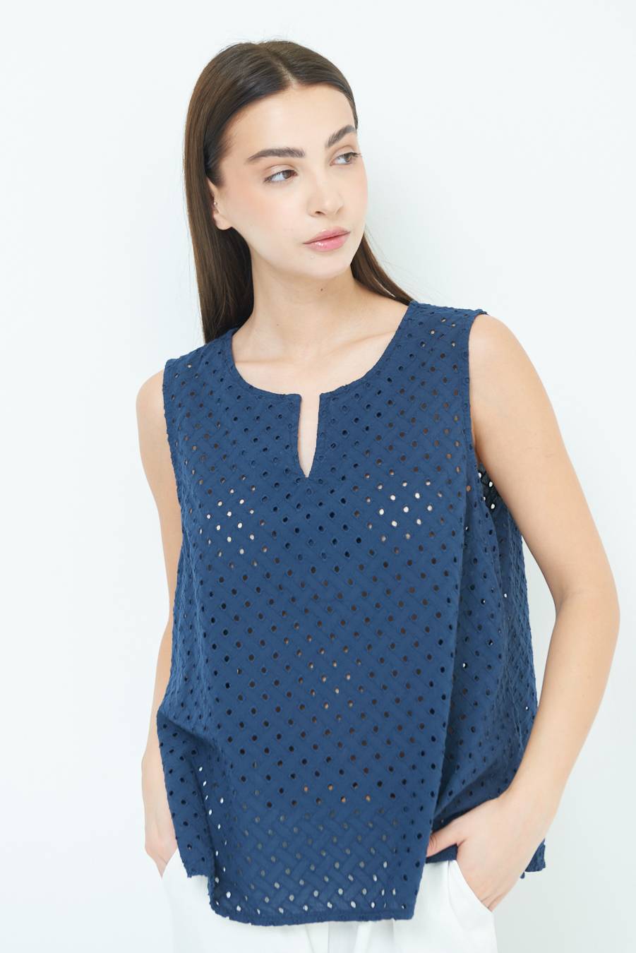 Kikisix TOP SMANICATO SANGALLO BLU
