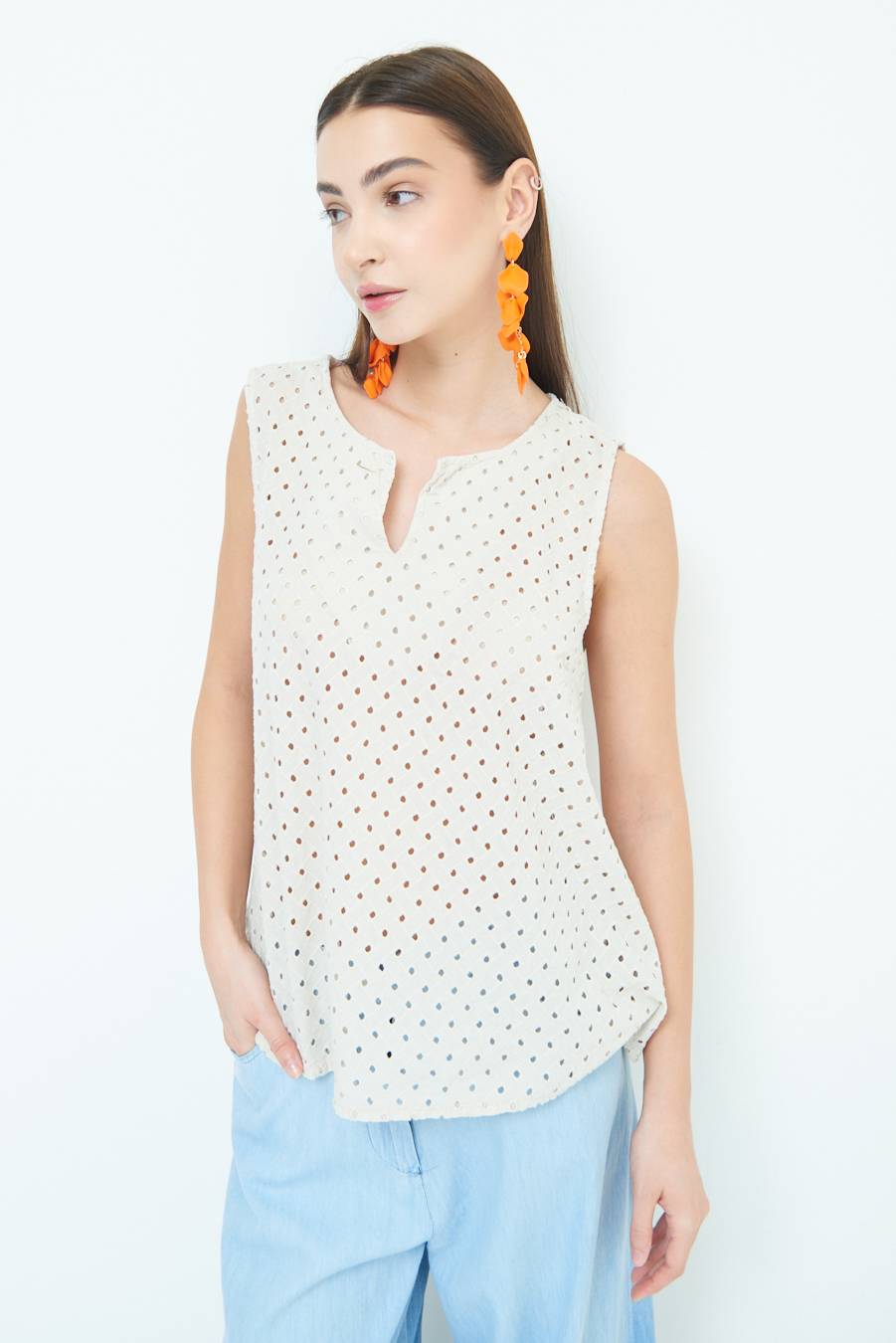 Kikisix TOP SMANICATO SANGALLO SABBIA